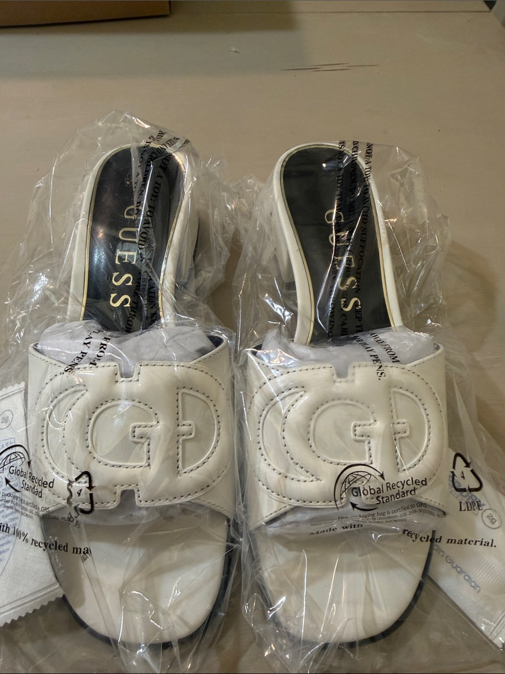 Guess White Leather Slide Mules with Interlocking GG